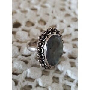 Vintage Sterling Silver Labradorite Ring Size 8 Boho Statement Cabochon‎